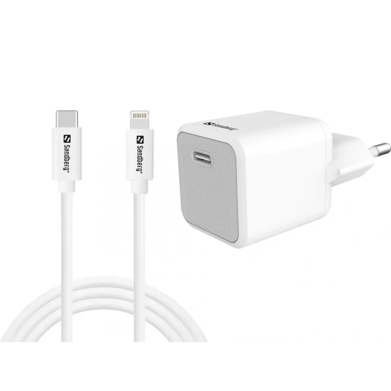 Kintamosios srovės įkroviklis Sandberg 20W USB-C + Lightning 1M greitas įkrovimas baltas