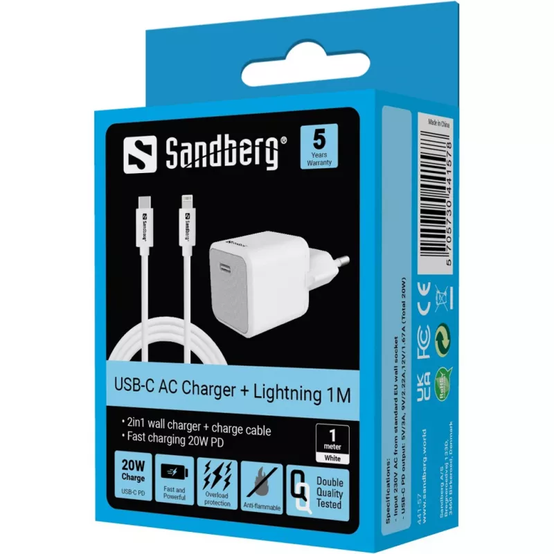 Kintamosios srovės įkroviklis Sandberg 20W USB-C + Lightning 1M greitas įkrovimas baltas