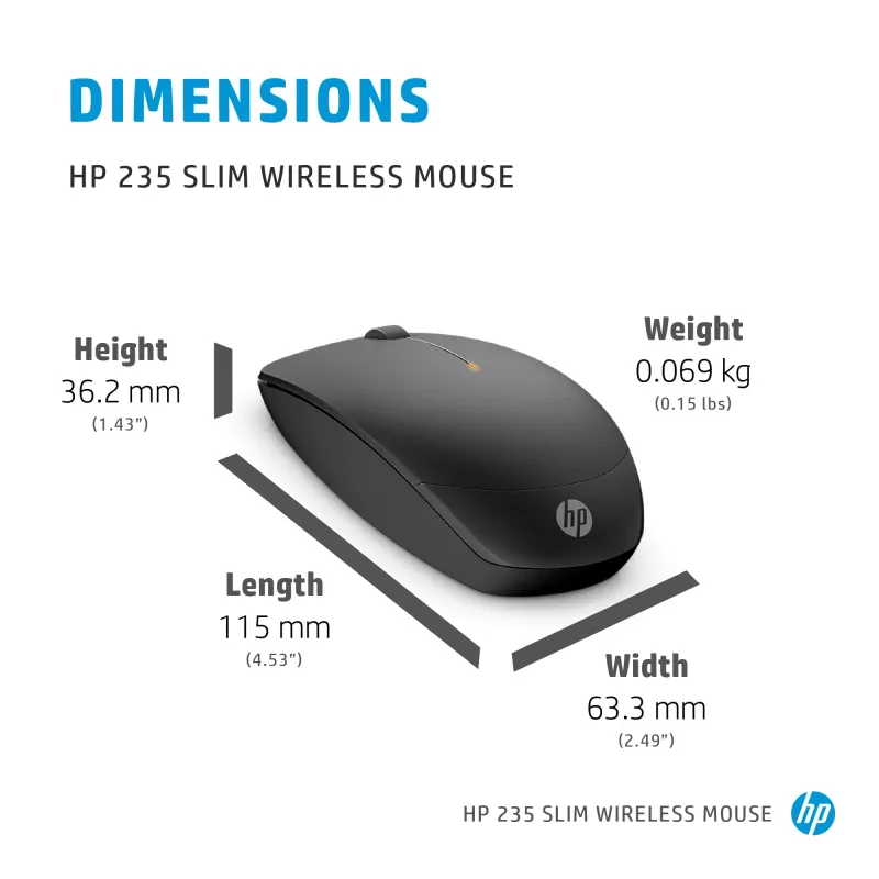 HP 235 plonas belaidė pelė, abiem rankoms tinkama, optinė, belaidė RF, 1600 DPI, juoda