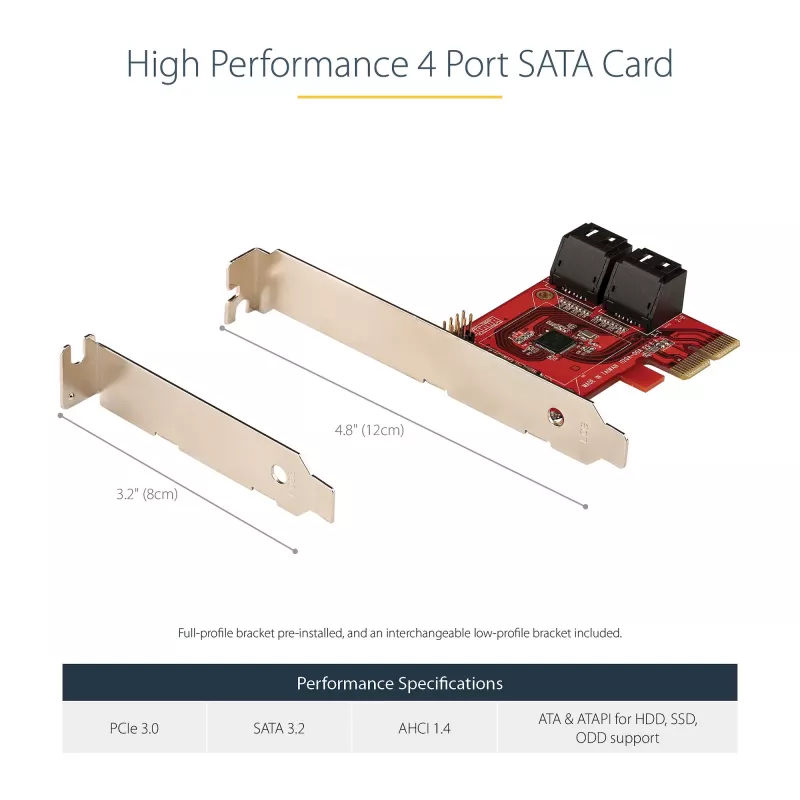 StarTech.com SATA PCIe kortelė - 4 prievadų PCIe SATA išplėtimo kortelė - 6Gbps - žemo profilio laikiklis - sumontuotos SATA jungtys - ASM1164 Non-Raid - PCI Express į SATA keitiklis