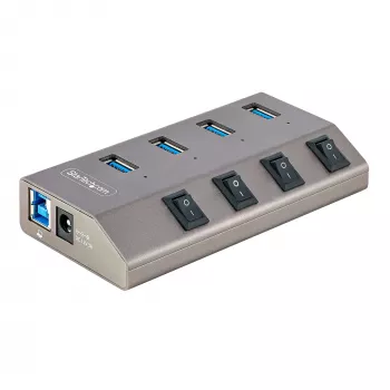 StarTech.com 4 prievadų maitinamas USB-C šakotuvas su atskirais įjungimo/išjungimo jungikliais, USB 3.0 5 Gbps plėtros šakotuvas su maitinimo šaltiniu, stacionariam/nešiojamam kompiuteriui USB-C į USB-A šakotuvas, USB C šakotuvas su BC 1.2