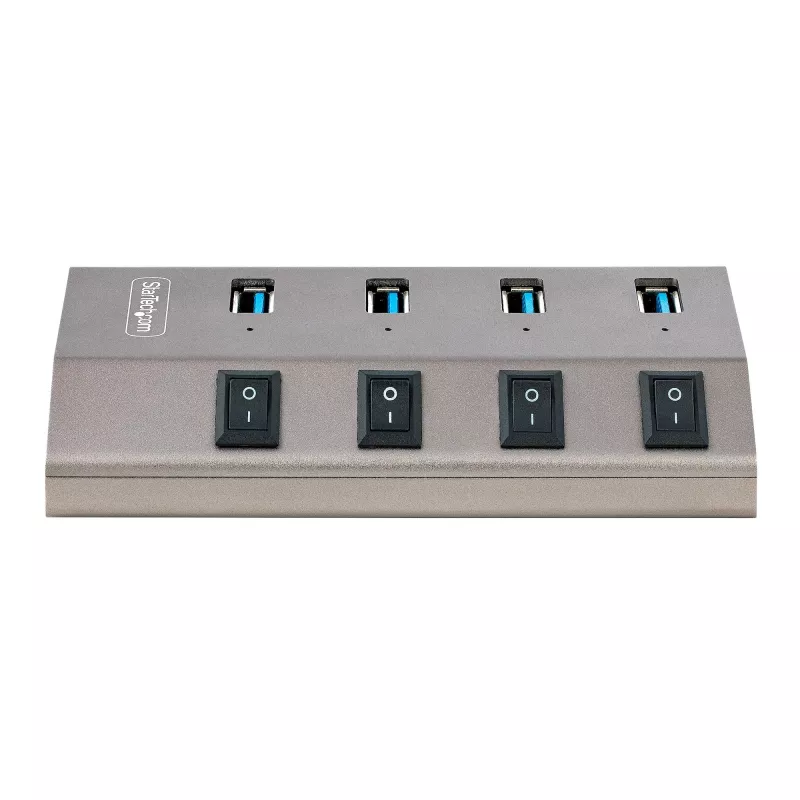 StarTech.com 4 prievadų maitinamas USB-C šakotuvas su atskirais įjungimo/išjungimo jungikliais, USB 3.0 5 Gbps plėtros šakotuvas su maitinimo šaltiniu, stacionariam/nešiojamam kompiuteriui USB-C į USB-A šakotuvas, USB C šakotuvas su BC 1.2