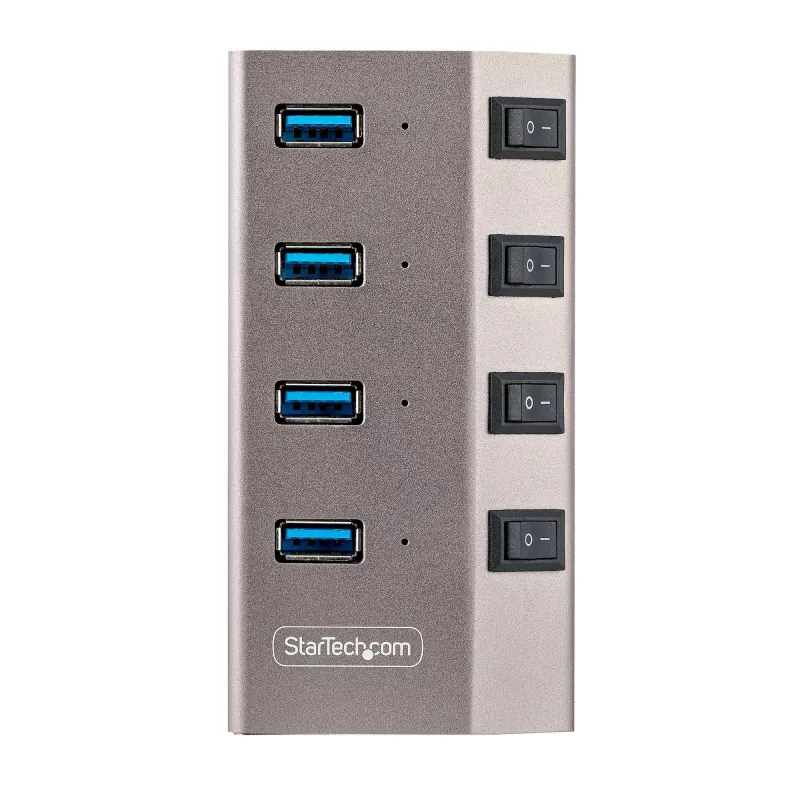 StarTech.com 4 prievadų maitinamas USB-C šakotuvas su atskirais įjungimo/išjungimo jungikliais, USB 3.0 5 Gbps plėtros šakotuvas su maitinimo šaltiniu, stacionariam/nešiojamam kompiuteriui USB-C į USB-A šakotuvas, USB C šakotuvas su BC 1.2