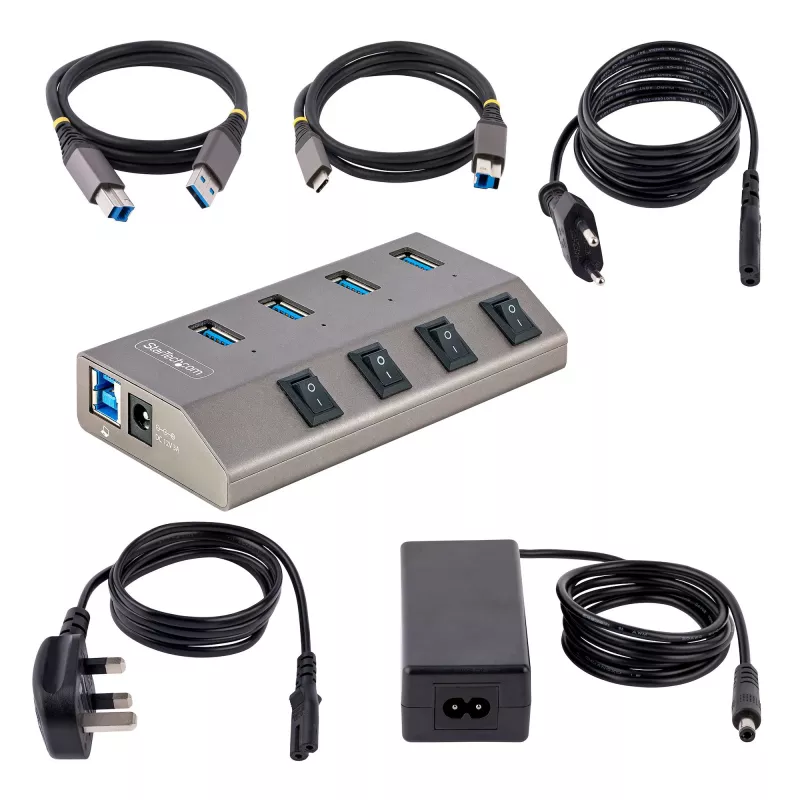 StarTech.com 4 prievadų maitinamas USB-C šakotuvas su atskirais įjungimo/išjungimo jungikliais, USB 3.0 5 Gbps plėtros šakotuvas su maitinimo šaltiniu, stacionariam/nešiojamam kompiuteriui USB-C į USB-A šakotuvas, USB C šakotuvas su BC 1.2
