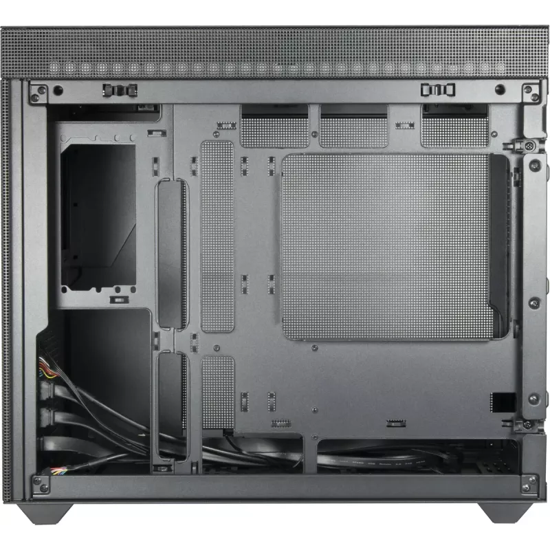 Mini bokšto korpusas INTER-TECH IM-2 Expander, Mini-ITX/Micro ATX, palaiko ATX/SFX maitinimo blokus, 2,5 colio ir 3,5 colio diskus, priekinius/viršutinius ventiliatorius 120/140 mm, juodas