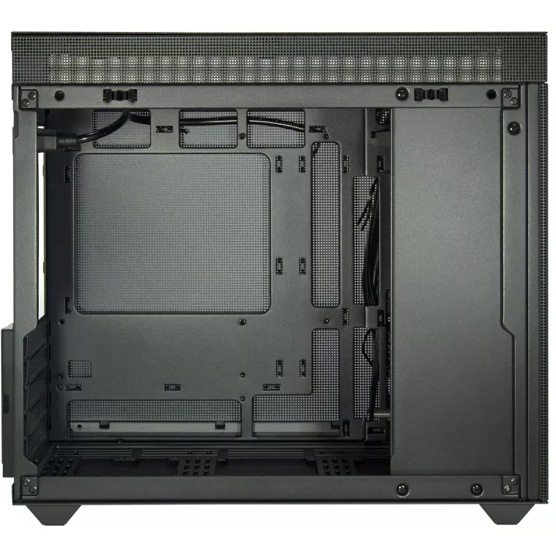 Mini bokšto korpusas INTER-TECH IM-2 Expander, Mini-ITX/Micro ATX, palaiko ATX/SFX maitinimo blokus, 2,5 colio ir 3,5 colio diskus, priekinius/viršutinius ventiliatorius 120/140 mm, juodas