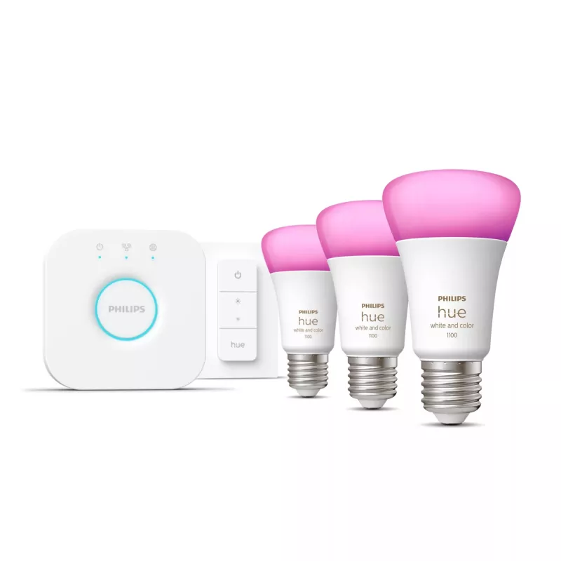 Philips Hue White and Colour Ambience pradinis rinkinys – 3× E27 11W lemputės, Bluetooth/Zigbee, reguliatorius