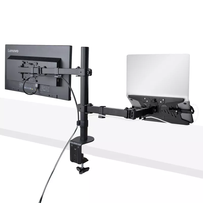 “StarTech.com” monitoriaus laikiklis su VESA nešiojamojo kompiuterio dėklu, skirtas nešiojamajam kompiuteriui (4,5 kg / 9,9 lb) ir vienam ekranui iki 32 colių (8 kg / 17,6 lb), juodas, ventiliuojamas dėklas, reguliuojamas nešiojamojo kompiuterio laikiklis, C formos spaustukas / kiauryminis tvirtinimas