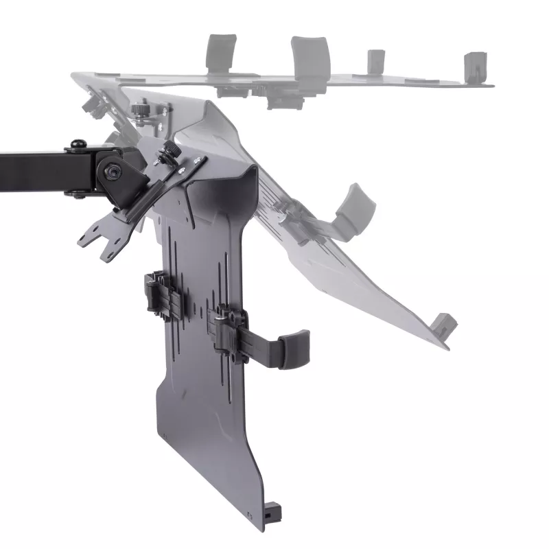 “StarTech.com” monitoriaus laikiklis su VESA nešiojamojo kompiuterio dėklu, skirtas nešiojamajam kompiuteriui (4,5 kg / 9,9 lb) ir vienam ekranui iki 32 colių (8 kg / 17,6 lb), juodas, ventiliuojamas dėklas, reguliuojamas nešiojamojo kompiuterio laikiklis, C formos spaustukas / kiauryminis tvirtinimas