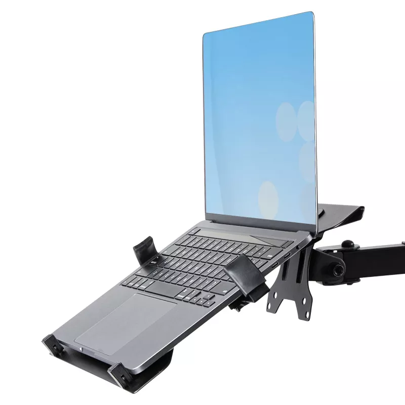 “StarTech.com” monitoriaus laikiklis su VESA nešiojamojo kompiuterio dėklu, skirtas nešiojamajam kompiuteriui (4,5 kg / 9,9 lb) ir vienam ekranui iki 32 colių (8 kg / 17,6 lb), juodas, ventiliuojamas dėklas, reguliuojamas nešiojamojo kompiuterio laikiklis, C formos spaustukas / kiauryminis tvirtinimas