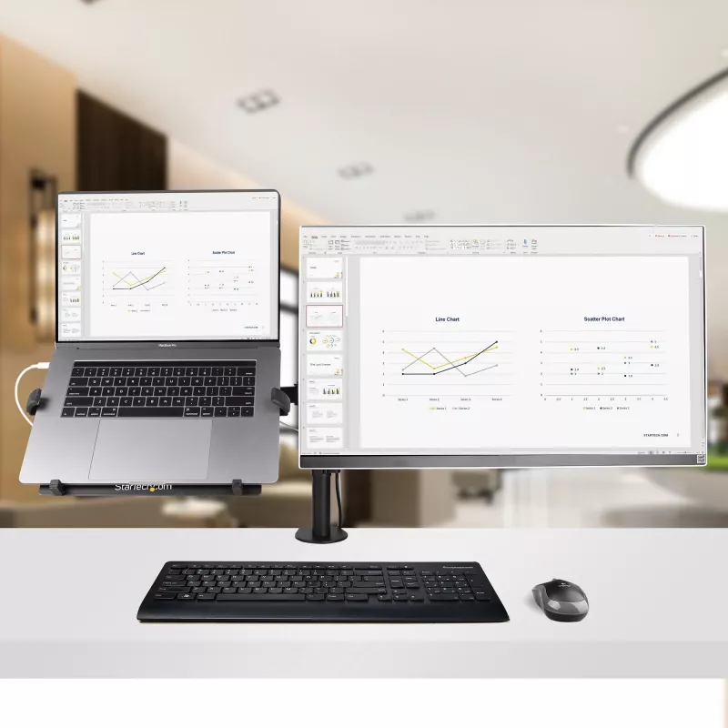 “StarTech.com” monitoriaus laikiklis su VESA nešiojamojo kompiuterio dėklu, skirtas nešiojamajam kompiuteriui (4,5 kg / 9,9 lb) ir vienam ekranui iki 32 colių (8 kg / 17,6 lb), juodas, ventiliuojamas dėklas, reguliuojamas nešiojamojo kompiuterio laikiklis, C formos spaustukas / kiauryminis tvirtinimas