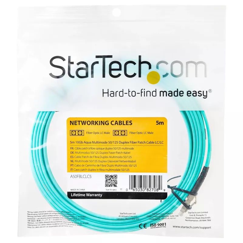 StarTech.com 5 m LC/UPC į LC/UPC OM3 daugiamodis šviesolaidinis kabelis, pilnas dvipusis 50/125 µm užtrauktuko tipo kabelis, 100G, mažas įterpimo nuostolis, LSZH šviesolaidinis džemperis
