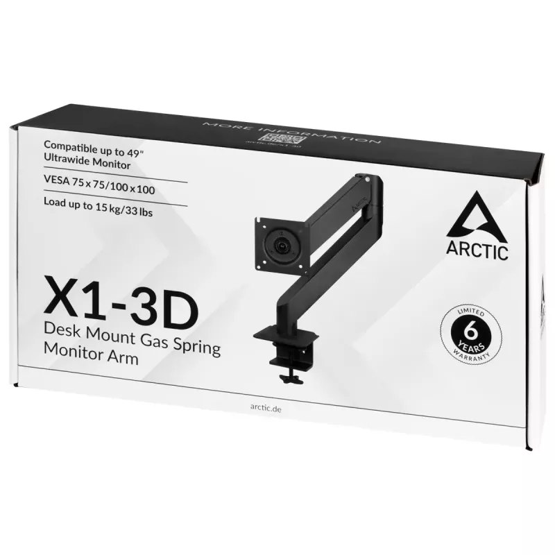 Stalinis tvirtinimas dujiniu spyruokliniu monitoriaus laikikliu Arctic X1-3D — palaiko iki 43 colių / 10 kg, VESA 75x75–100x100, juodas