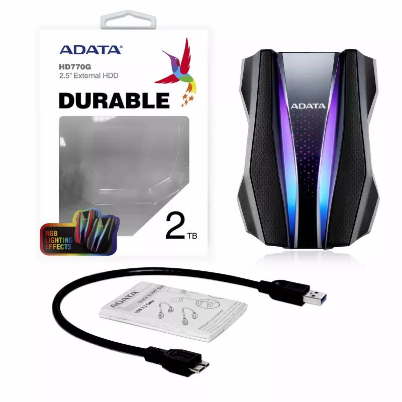 Išorinis kietasis diskas ADATA HD770G 2 TB 2,5 colio USB 3.2 Gen 1 juodas, atsparus smūgiams, maitinamas per magistralę