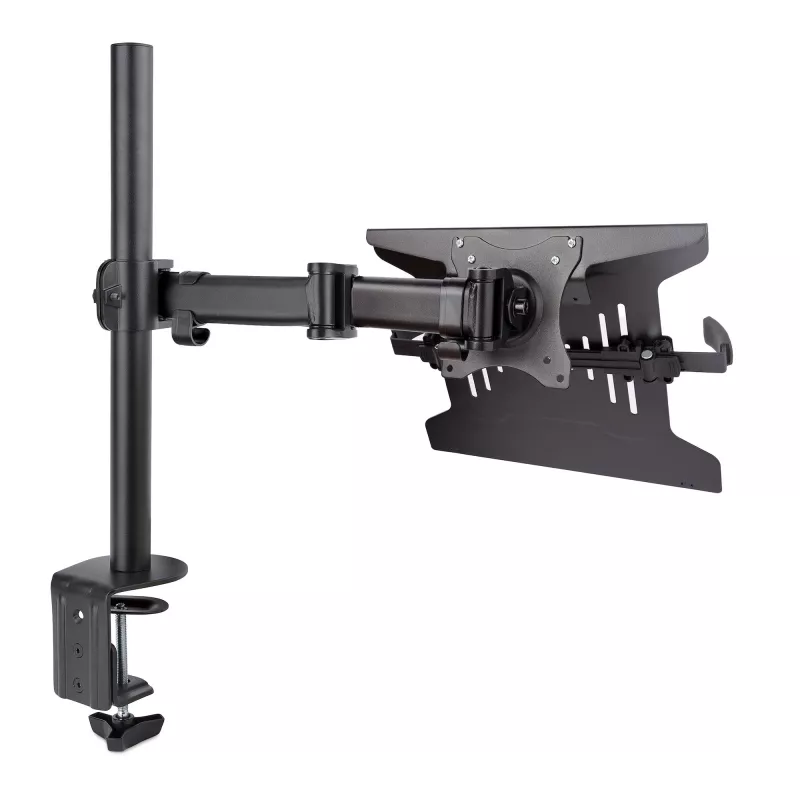 StarTech.com nešiojamojo kompiuterio stalo laikiklis - Monitoriaus ir nešiojamojo kompiuterio laikiklis - Ekranai iki 34 colių (8 kg) ir nešiojamieji kompiuteriai (4,5 kg) - Lankstoma VESA nešiojamojo kompiuterio dėklo rankena - Spaustuvas / kiaurymės tvirtinimas