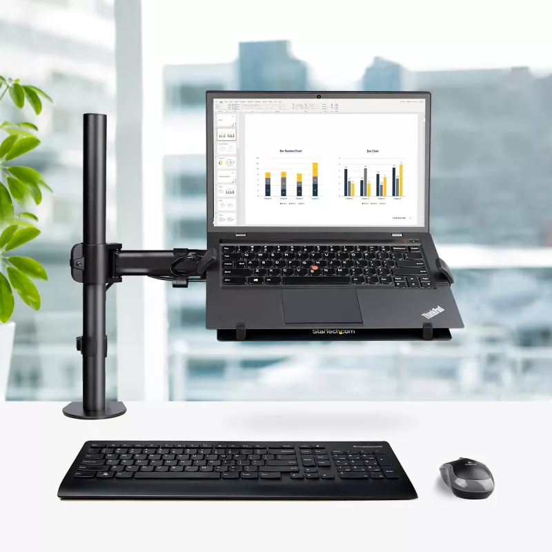 StarTech.com nešiojamojo kompiuterio stalo laikiklis - Monitoriaus ir nešiojamojo kompiuterio laikiklis - Ekranai iki 34 colių (8 kg) ir nešiojamieji kompiuteriai (4,5 kg) - Lankstoma VESA nešiojamojo kompiuterio dėklo rankena - Spaustuvas / kiaurymės tvirtinimas