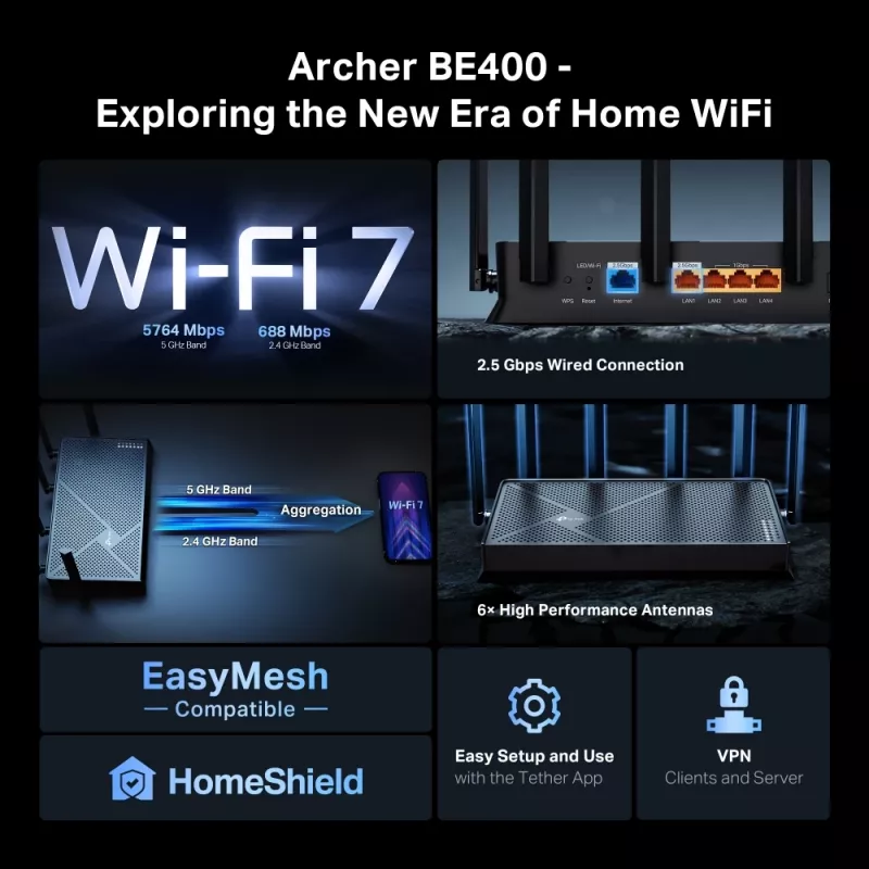 TP-Link Archer BE400 belaidis maršrutizatorius 2,5 Gigabit Ethernet dviejų dažnių (2,4 GHz / 5 GHz) juodas