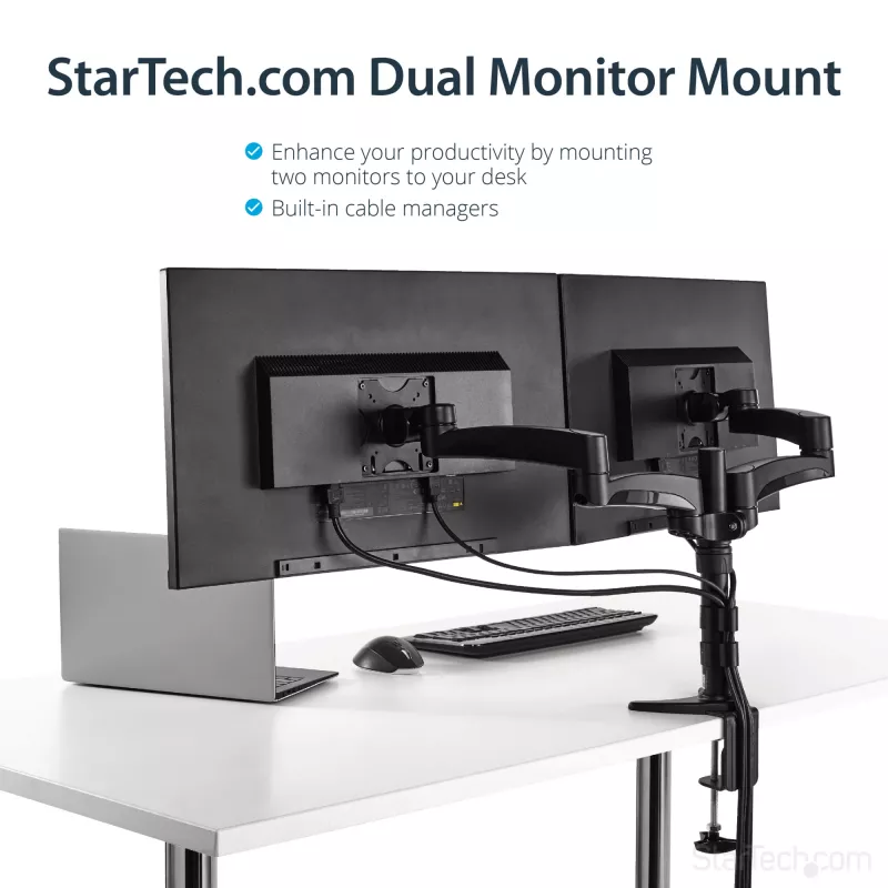 StarTech.com Stalo tvirtinimo dviejų monitorių laikiklis - lankstus, spaustukas, 13,6 kg, 30,5 cm (12 colių), 61 cm (24 colių), 100 x 100 mm, juodas