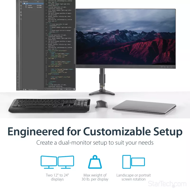 StarTech.com Stalo tvirtinimo dviejų monitorių laikiklis - lankstus, spaustukas, 13,6 kg, 30,5 cm (12 colių), 61 cm (24 colių), 100 x 100 mm, juodas