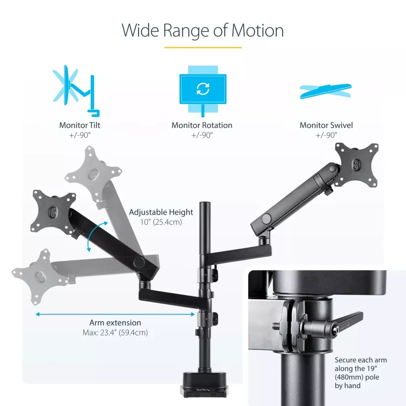 StarTech.com Stalviršio laikiklis dviem monitoriams, pilnai judantis monitoriaus laikiklis 2 VESA ekranams iki 32 inch (17,6 svaro/8 kg), reguliuojamas aukštis, tvirtinimas spaustuvu / kiauryme, mechaninė spyruoklė