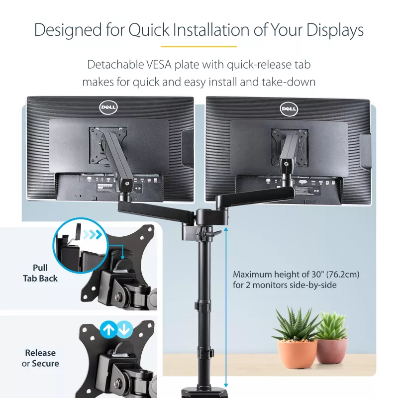 StarTech.com Stalviršio laikiklis dviem monitoriams, pilnai judantis monitoriaus laikiklis 2 VESA ekranams iki 32 inch (17,6 svaro/8 kg), reguliuojamas aukštis, tvirtinimas spaustuvu / kiauryme, mechaninė spyruoklė