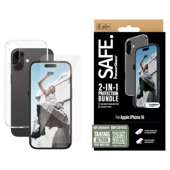 PanzerGlass SAFE. by ® 2-in-1 apsaugos rinkinys iPhone 16, Apple, Apple - iPhone 16, Sausas uždėjimas, Atsparus įbrėžimams, Atsparus smūgiams, Skaidrus, 1 vnt.