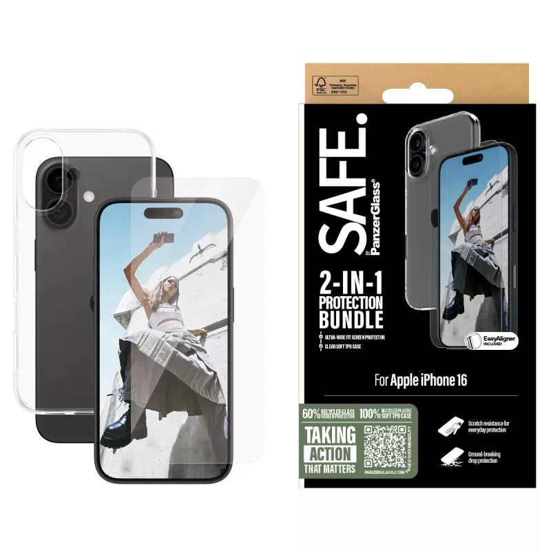 PanzerGlass SAFE. by ® 2-in-1 apsaugos rinkinys iPhone 16, Apple, Apple - iPhone 16, Sausas uždėjimas, Atsparus įbrėžimams, Atsparus smūgiams, Skaidrus, 1 vnt.