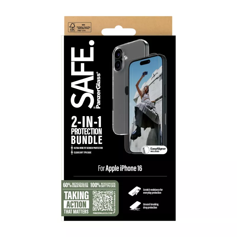 PanzerGlass SAFE. by ® 2-in-1 apsaugos rinkinys iPhone 16, Apple, Apple - iPhone 16, Sausas uždėjimas, Atsparus įbrėžimams, Atsparus smūgiams, Skaidrus, 1 vnt.