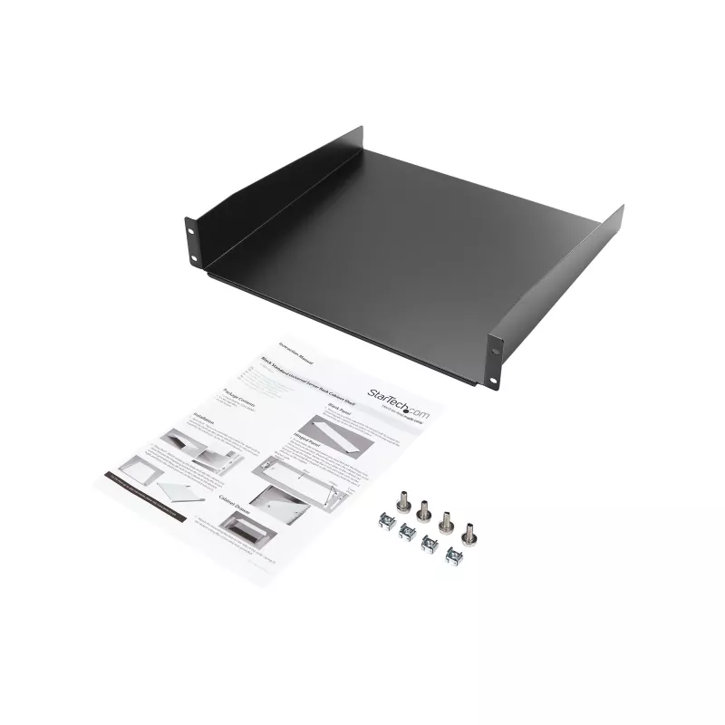 StarTech.com 2U serverių stovo lentyna - universali stovo montavimo konsolinė lentyna 19 colių tinklo įrangos stovui ir spintai - tvirto plieno – apkrova 44 svarai/20 kg - 16 colių gylio dėklas, juoda