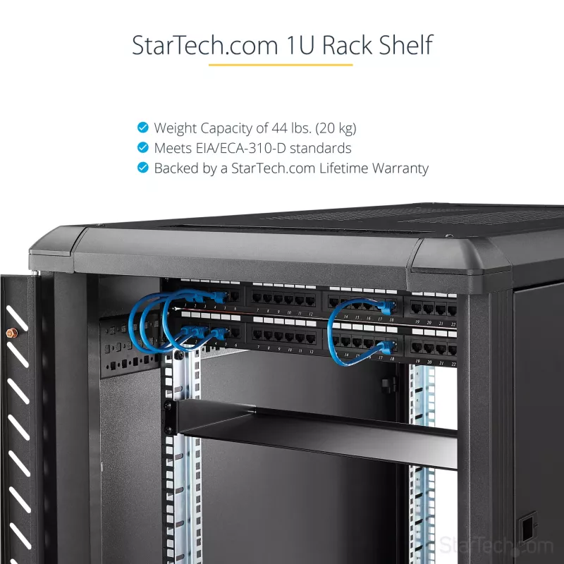 StarTech.com 1U fiksuota serverių stovo montavimo lentyna – 10 colių gylio plieninė universali konsolinė dėkla 19 colių AV/tinklo įrangos stovui – tvirtas plienas – keliamoji galia 44 svarai/20 kg, juoda