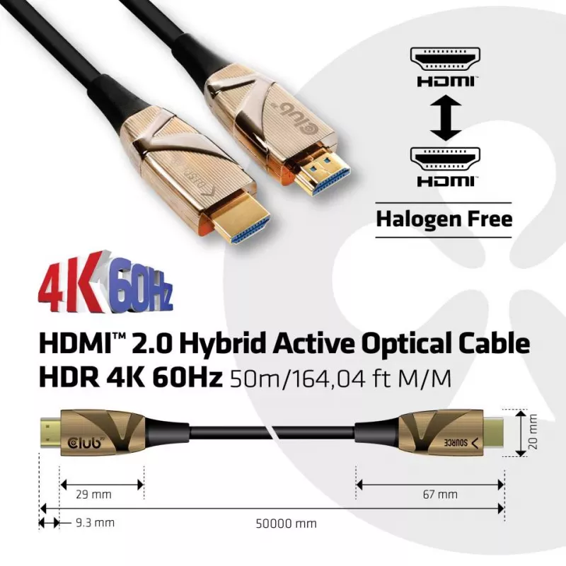 CLUB3D HDMI 2.0 UHD Active Optical kabelis HDR 4K 60Hz M/M 50m/164,04ft