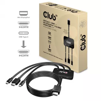 CLUB3D USB Type C + HDMI™ + MiniDisplayPort™ 1.2 to HDMI™ 4K60Hz HDR M/M aktyvus adapteris 32AWG