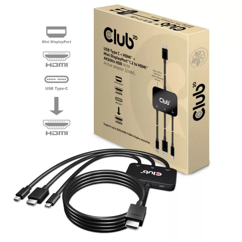 CLUB3D USB Type C + HDMI™ + MiniDisplayPort™ 1.2 to HDMI™ 4K60Hz HDR M/M aktyvus adapteris 32AWG