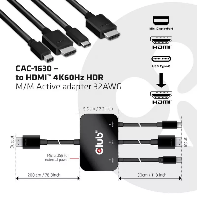 CLUB3D USB Type C + HDMI™ + MiniDisplayPort™ 1.2 to HDMI™ 4K60Hz HDR M/M aktyvus adapteris 32AWG