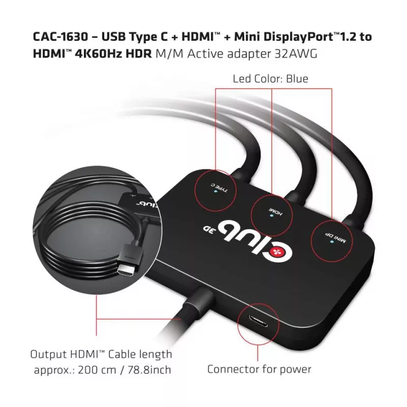 CLUB3D USB Type C + HDMI™ + MiniDisplayPort™ 1.2 to HDMI™ 4K60Hz HDR M/M aktyvus adapteris 32AWG