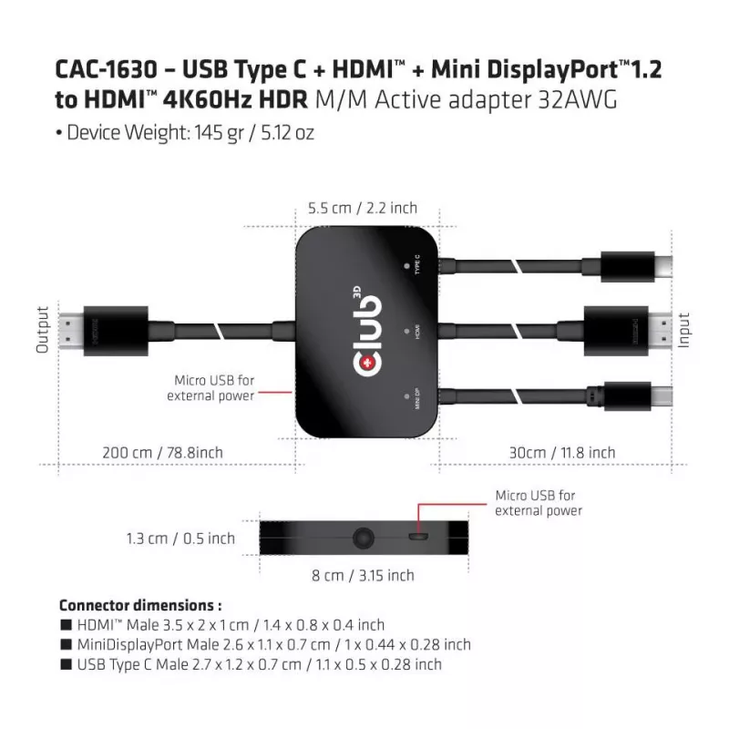 CLUB3D USB Type C + HDMI™ + MiniDisplayPort™ 1.2 to HDMI™ 4K60Hz HDR M/M aktyvus adapteris 32AWG