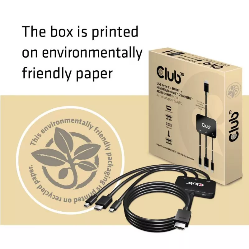 CLUB3D USB Type C + HDMI™ + MiniDisplayPort™ 1.2 to HDMI™ 4K60Hz HDR M/M aktyvus adapteris 32AWG