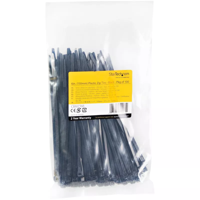 StarTech.com 100 vnt. 6 colių (15 cm) kabelių raiščiai - 1/8 colio (3,6 mm) pločio, 1-3/8 colio (39 mm) ryšulio skersmuo, 40 svarų (18 kg) tempimo stipris, nailoniniai savaime užsifiksuojantys užtraukiami raiščiai lenktu galu, UL sąraše, juodi - TAA