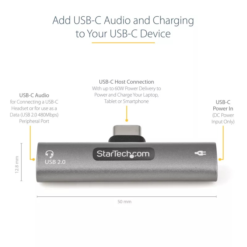 StarTech.com USB C garso ir įkrovimo adapteris – USB-C garso adapteris su USB-C ausinių / laisvų rankų įrangos prievadu ir 60 W USB Type-C maitinimo perdavimo pralaidiniu įkrovikliu – USB-C telefonams / planšetėms / nešiojamiesiems kompiuteriams