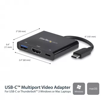 StarTech.com USB-C kelių prievadų adapteris su HDMI - USB 3.0 prievadas - 60 W PD - juodas