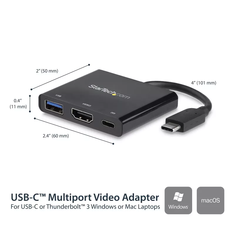 StarTech.com USB-C kelių prievadų adapteris su HDMI - USB 3.0 prievadas - 60 W PD - juodas