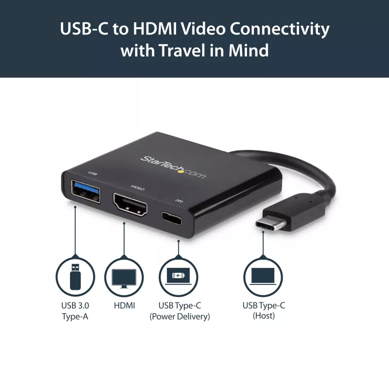 StarTech.com USB-C kelių prievadų adapteris su HDMI - USB 3.0 prievadas - 60 W PD - juodas