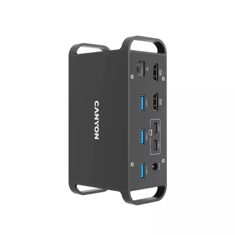 Doko stotelė CANYON CNS-HDS95ST — USB-C (USB 3.2 Gen 2) prijungimo stotelė su 2× HDMI, 2× USB 3.2 Gen1, 2× USB 2.0, Gigabit Ethernet, 100W, aliuminio, juoda