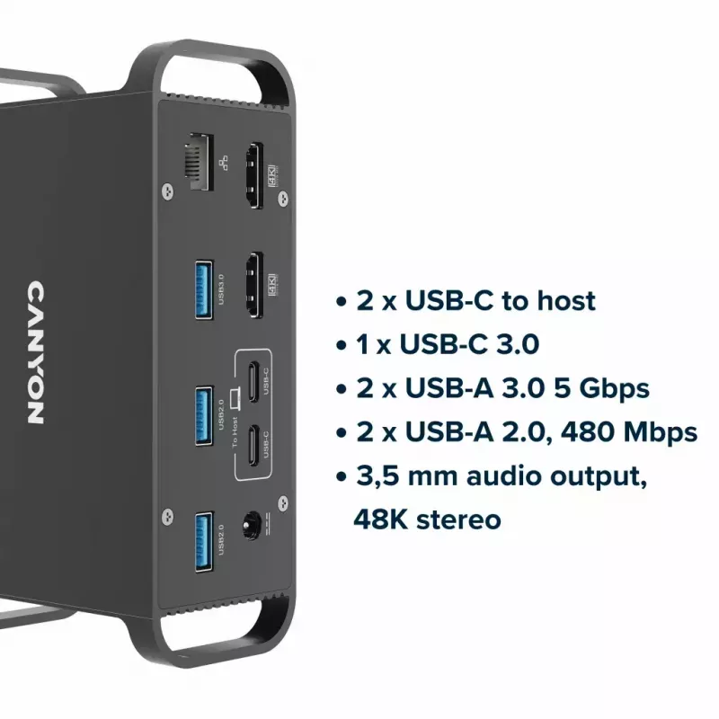 Doko stotelė CANYON CNS-HDS95ST — USB-C (USB 3.2 Gen 2) prijungimo stotelė su 2× HDMI, 2× USB 3.2 Gen1, 2× USB 2.0, Gigabit Ethernet, 100W, aliuminio, juoda