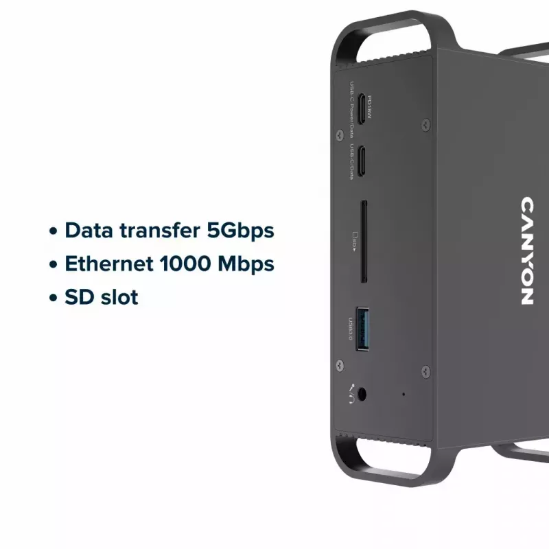 Doko stotelė CANYON CNS-HDS95ST — USB-C (USB 3.2 Gen 2) prijungimo stotelė su 2× HDMI, 2× USB 3.2 Gen1, 2× USB 2.0, Gigabit Ethernet, 100W, aliuminio, juoda