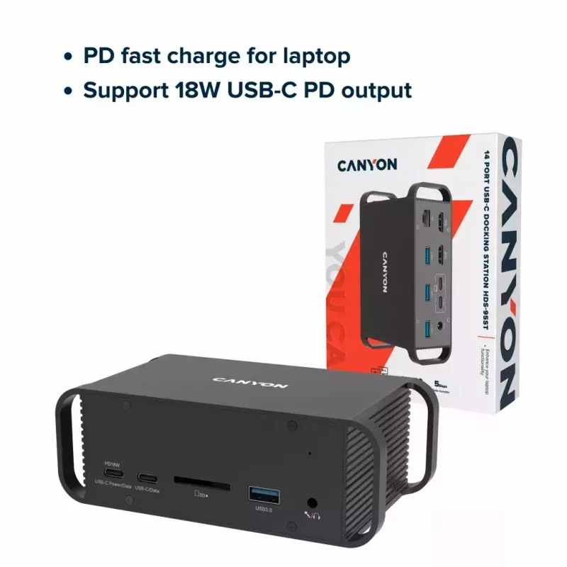 Doko stotelė CANYON CNS-HDS95ST — USB-C (USB 3.2 Gen 2) prijungimo stotelė su 2× HDMI, 2× USB 3.2 Gen1, 2× USB 2.0, Gigabit Ethernet, 100W, aliuminio, juoda