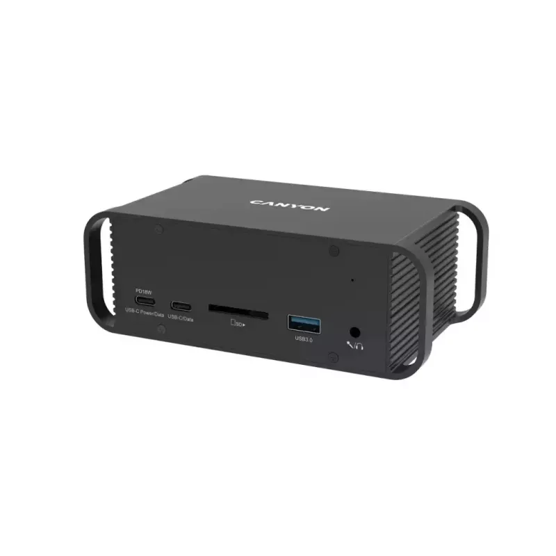 Doko stotelė CANYON CNS-HDS95ST — USB-C (USB 3.2 Gen 2) prijungimo stotelė su 2× HDMI, 2× USB 3.2 Gen1, 2× USB 2.0, Gigabit Ethernet, 100W, aliuminio, juoda