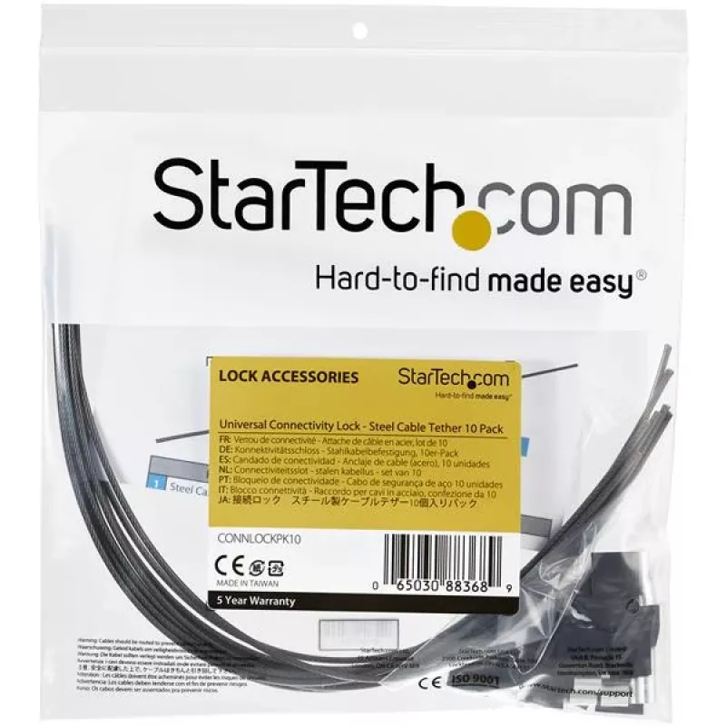 „StarTech.com“ 10 vnt. komplektas apsauginių kabelių raiščių adapteriams ir raktams – universalus kabelio adapterio raištis – raištinis kabelis – reguliuojamo ilgio apsauginis kabelio raištis su užraktu – plieninis