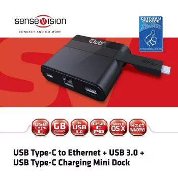 CLUB3D USB-C į eternetą + USB 3.0 + USB-C įkrovimo mini dokas