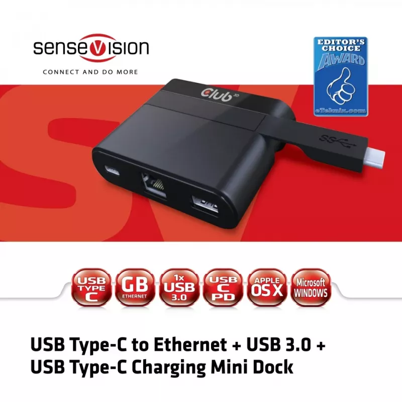 CLUB3D USB-C į eternetą + USB 3.0 + USB-C įkrovimo mini dokas